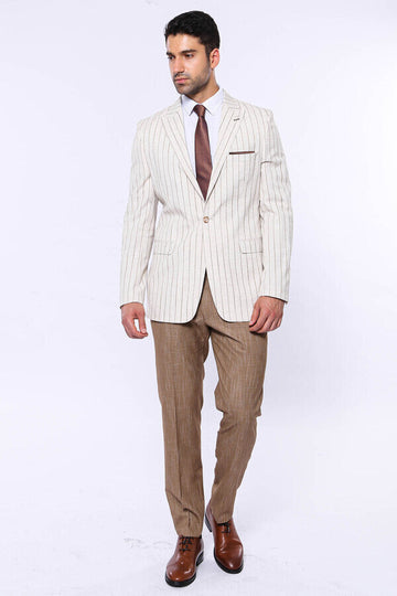 Men’s Beige Brown Striped Slim Fit Peak Lapel Sport Blazer
