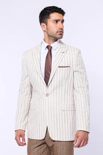 Men’s Beige Brown Striped Slim Fit Peak Lapel Sport Blazer