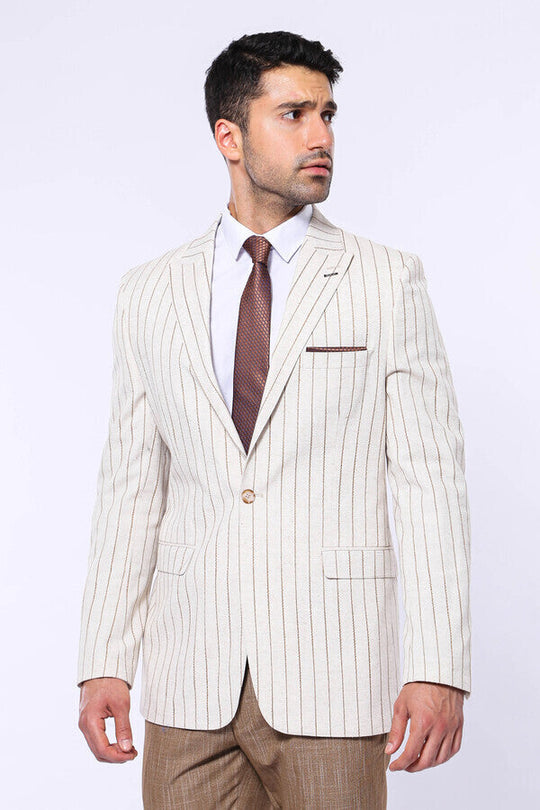 Men’s Beige Brown Striped Slim Fit Peak Lapel Sport Blazer