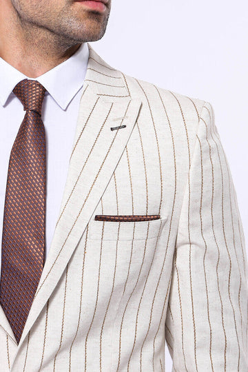 Men’s Beige Brown Striped Slim Fit Peak Lapel Sport Blazer