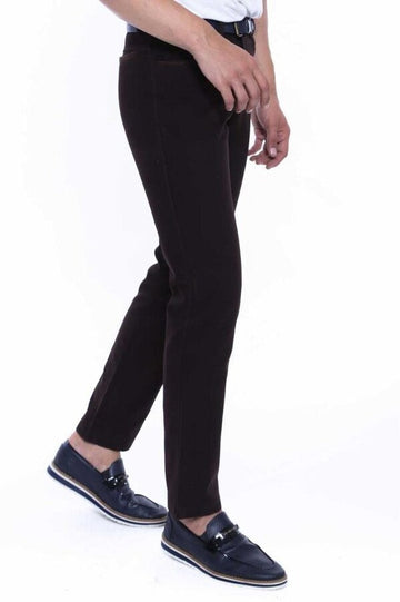 Brown Slim Fit Plain Suede-Touch Cotton Trousers – Wessi