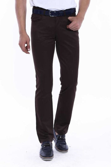 Dark Brown Slim Fit Plain Suede-Touch Cotton Trousers – Wessi