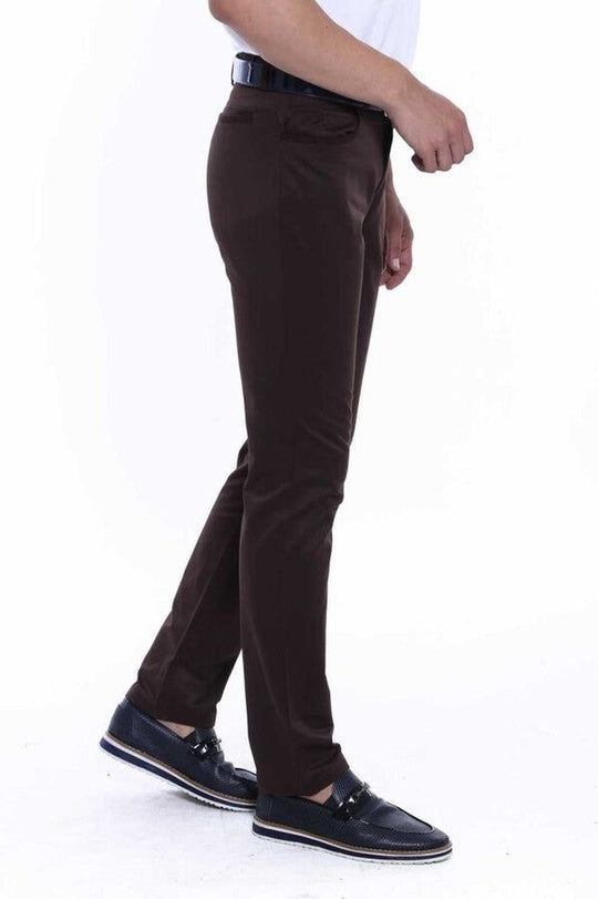 Dark Brown Slim Fit Plain Suede-Touch Cotton Trousers – Wessi