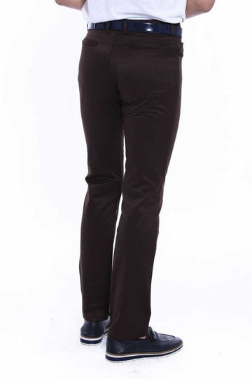 Dark Brown Slim Fit Plain Suede-Touch Cotton Trousers – Wessi