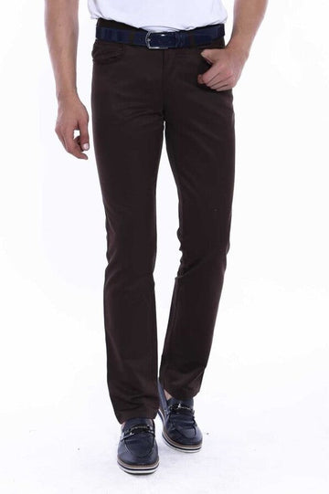 Dark Brown Slim Fit Plain Suede-Touch Cotton Trousers – Wessi