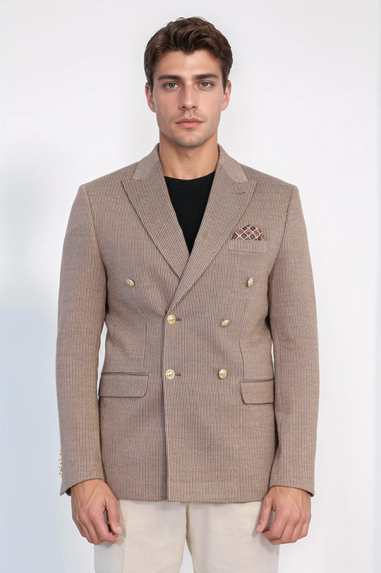 Men’s Sand Beige Pinstripe Slim Fit Double-Breasted Peak Lapel Blazer with Gold Buttons
