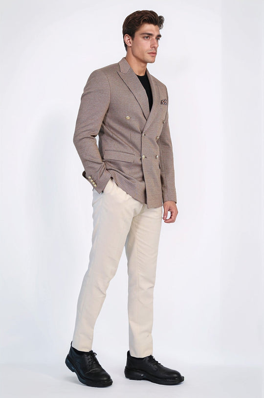 Men’s Sand Beige Pinstripe Slim Fit Double-Breasted Peak Lapel Blazer with Gold Buttons