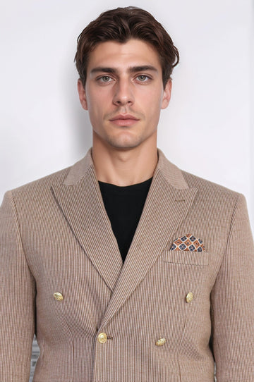 Men’s Sand Beige Pinstripe Slim Fit Double-Breasted Peak Lapel Blazer with Gold Buttons