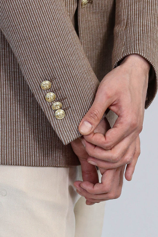 Men’s Sand Beige Pinstripe Slim Fit Double-Breasted Peak Lapel Blazer with Gold Buttons