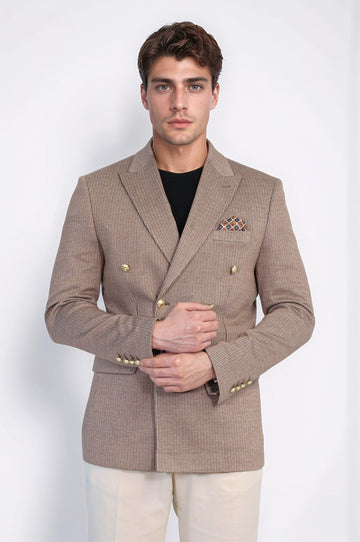 Men’s Sand Beige Pinstripe Slim Fit Double-Breasted Peak Lapel Blazer with Gold Buttons