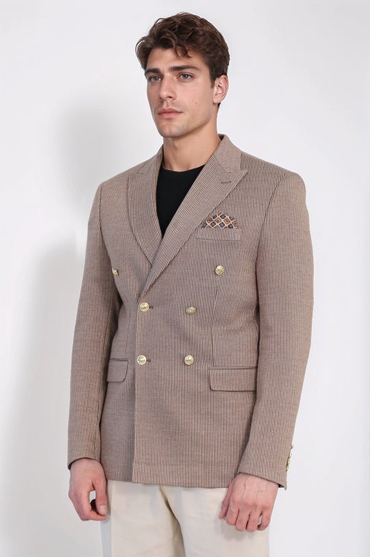 Men’s Sand Beige Pinstripe Slim Fit Double-Breasted Peak Lapel Blazer with Gold Buttons