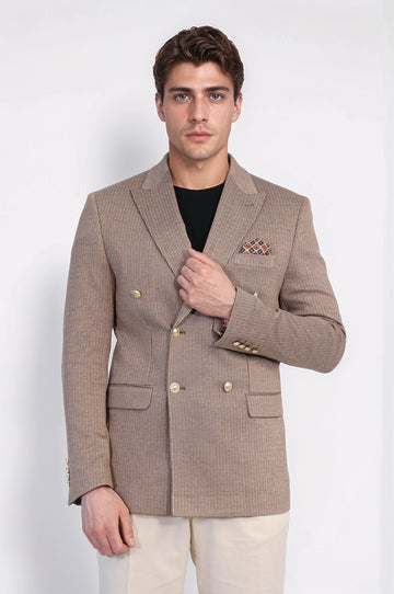 Men’s Sand Beige Pinstripe Slim Fit Double-Breasted Peak Lapel Blazer with Gold Buttons