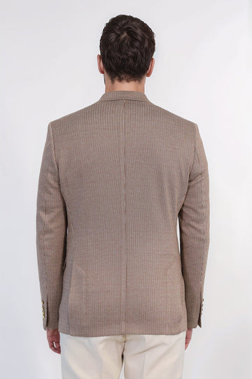 Men’s Sand Beige Pinstripe Slim Fit Double-Breasted Peak Lapel Blazer with Gold Buttons