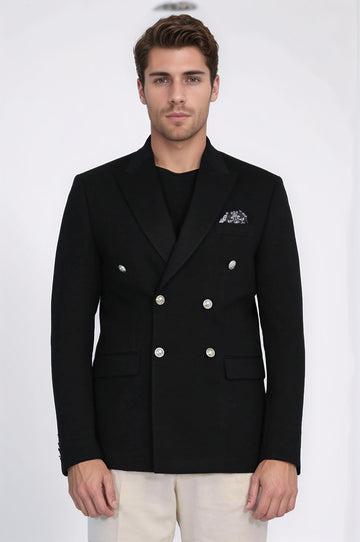 Men’s Midnight Black Solid Slim Fit Double-Breasted Peak Lapel Blazer with Silver Buttons