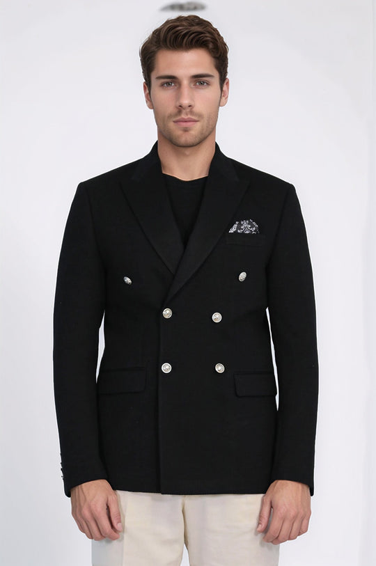 Men’s Midnight Black Solid Slim Fit Double-Breasted Peak Lapel Blazer with Silver Buttons