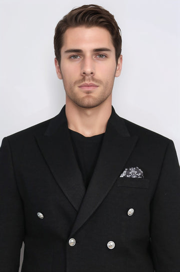 Men’s Midnight Black Solid Slim Fit Double-Breasted Peak Lapel Blazer with Silver Buttons