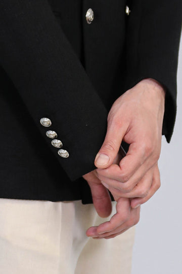 Men’s Midnight Black Solid Slim Fit Double-Breasted Peak Lapel Blazer with Silver Buttons