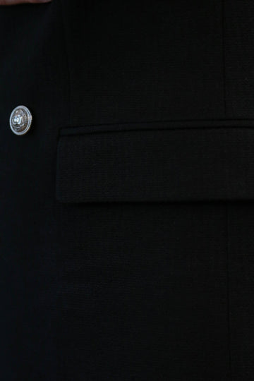 Men’s Midnight Black Solid Slim Fit Double-Breasted Peak Lapel Blazer with Silver Buttons