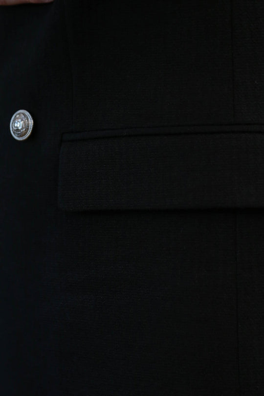 Men’s Midnight Black Solid Slim Fit Double-Breasted Peak Lapel Blazer with Silver Buttons