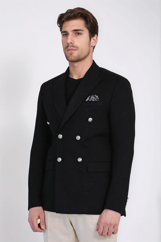 Men’s Midnight Black Solid Slim Fit Double-Breasted Peak Lapel Blazer with Silver Buttons