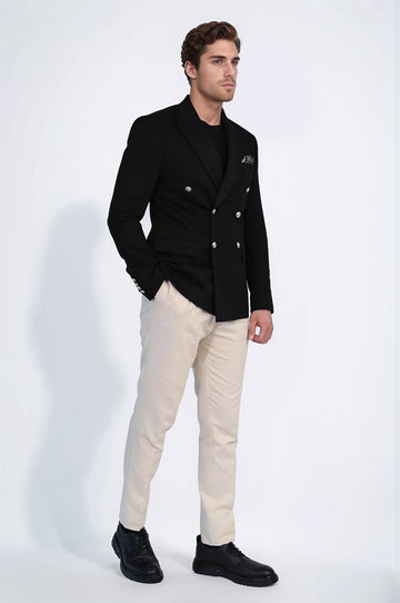 Men’s Midnight Black Solid Slim Fit Double-Breasted Peak Lapel Blazer with Silver Buttons