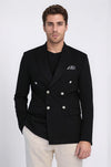 Men’s Midnight Black Solid Slim Fit Double-Breasted Peak Lapel Blazer with Silver Buttons