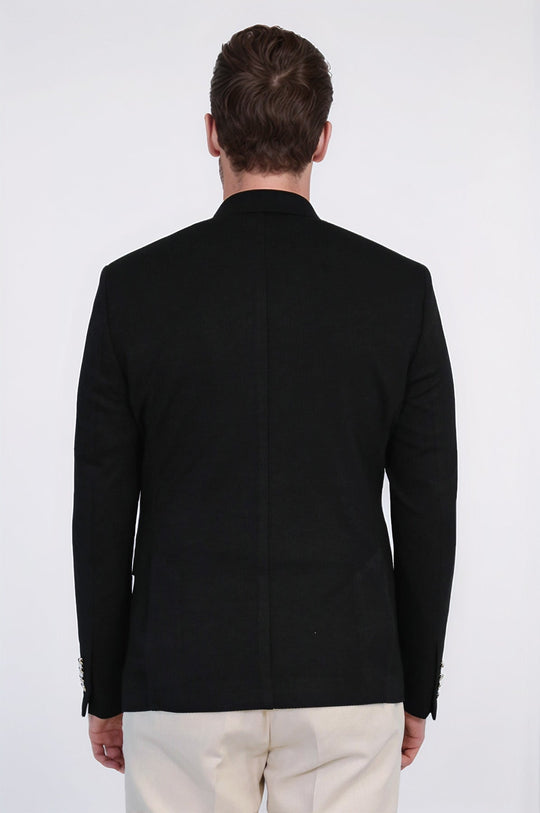 Men’s Midnight Black Solid Slim Fit Double-Breasted Peak Lapel Blazer with Silver Buttons