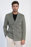 Men’s Olive Green Pinstripe Slim Fit Double-Breasted Peak Lapel Blazer with Gold Buttons