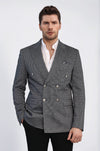 Men’s Midnight Black Pinstripe Slim Fit Double-Breasted Peak Lapel Blazer with Silver Buttons