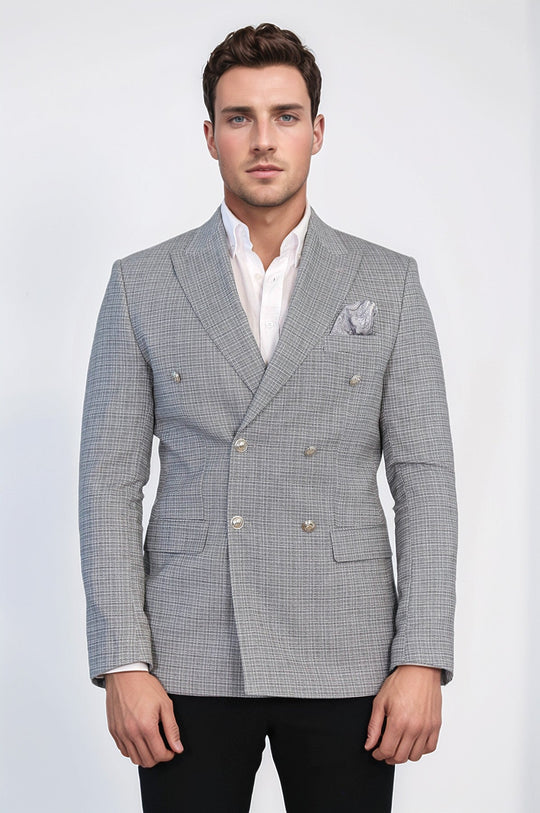 Men’s Black & White Micro-Check Slim Fit Double-Breasted Peak Lapel Blazer with Silver Buttons