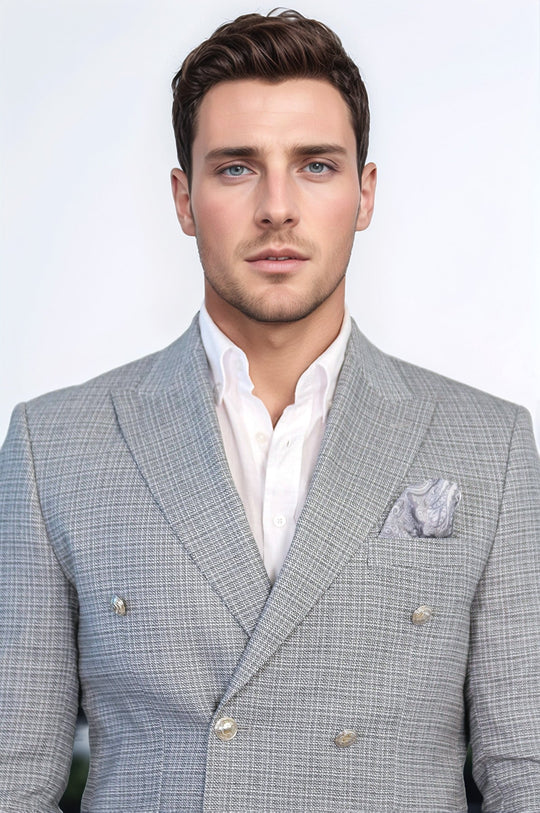 Men’s Black & White Micro-Check Slim Fit Double-Breasted Peak Lapel Blazer with Silver Buttons