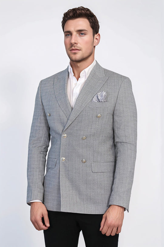 Men’s Black & White Micro-Check Slim Fit Double-Breasted Peak Lapel Blazer with Silver Buttons