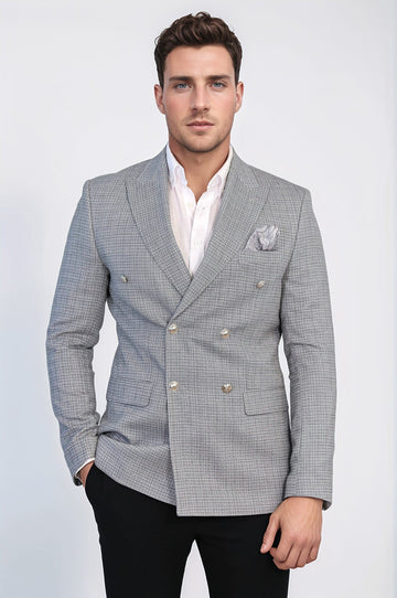Men’s Black & White Micro-Check Slim Fit Double-Breasted Peak Lapel Blazer with Silver Buttons