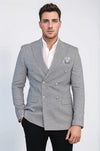 Men’s Black & White Micro-Check Slim Fit Double-Breasted Peak Lapel Blazer with Silver Buttons