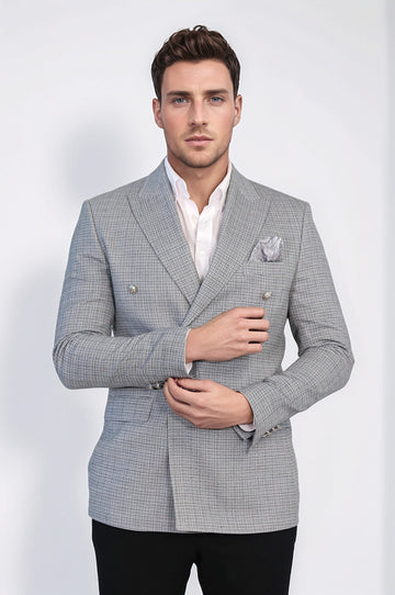 Men’s Black & White Micro-Check Slim Fit Double-Breasted Peak Lapel Blazer with Silver Buttons