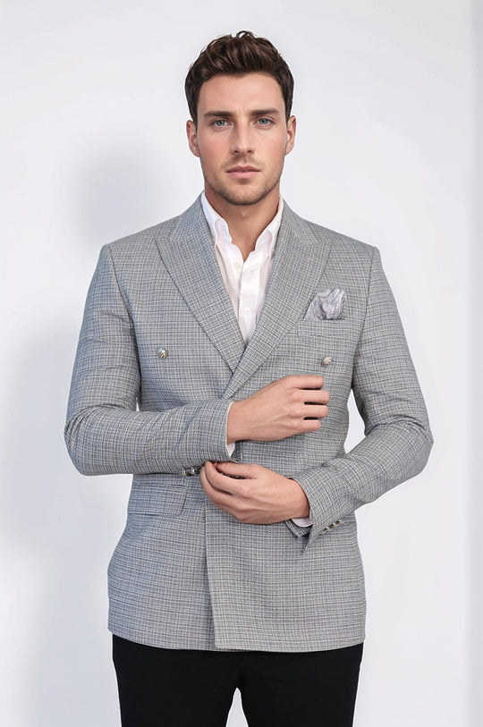 Men’s Black & White Micro-Check Slim Fit Double-Breasted Peak Lapel Blazer with Silver Buttons
