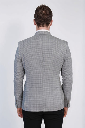Men’s Black & White Micro-Check Slim Fit Double-Breasted Peak Lapel Blazer with Silver Buttons