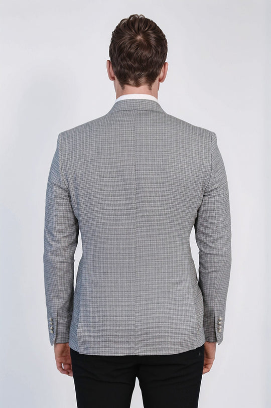 Men’s Black & White Micro-Check Slim Fit Double-Breasted Peak Lapel Blazer with Silver Buttons