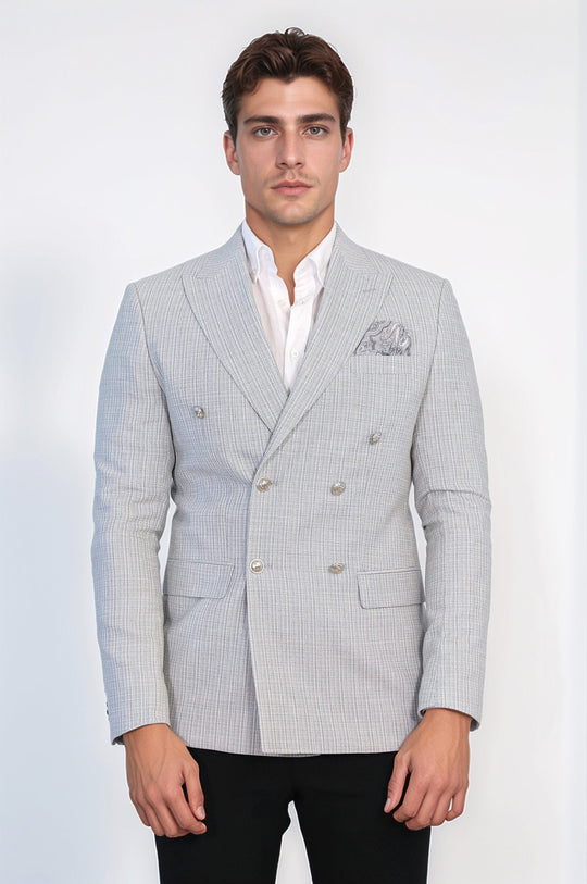 Men’s Light Grey Micro-Check Slim Fit Double-Breasted Peak Lapel Blazer with Silver Buttons