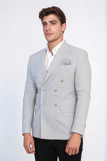 Men’s Light Grey Micro-Check Slim Fit Double-Breasted Peak Lapel Blazer with Silver Buttons