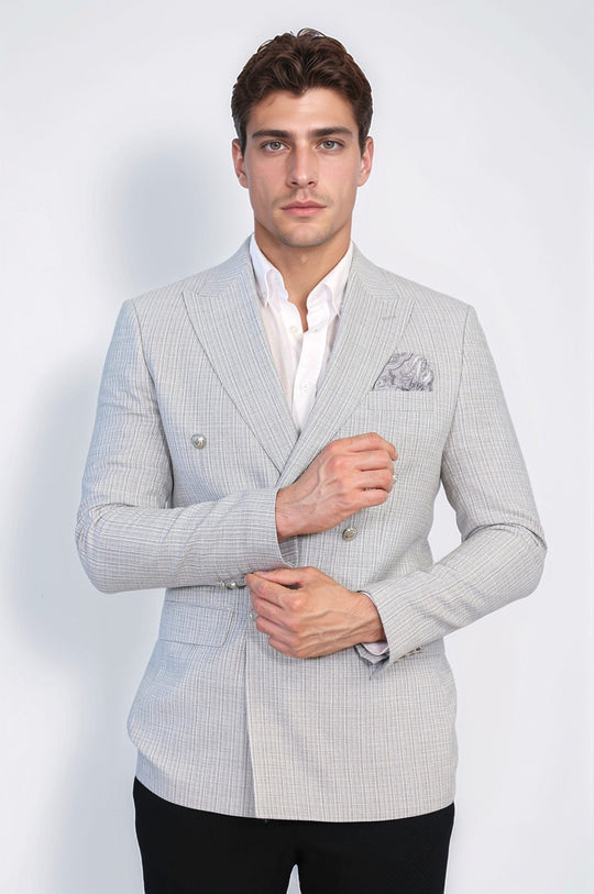Men’s Light Grey Micro-Check Slim Fit Double-Breasted Peak Lapel Blazer with Silver Buttons