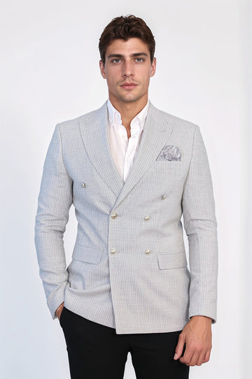 Men’s Light Grey Micro-Check Slim Fit Double-Breasted Peak Lapel Blazer with Silver Buttons