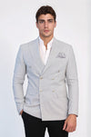 Men’s Light Grey Micro-Check Slim Fit Double-Breasted Peak Lapel Blazer with Silver Buttons