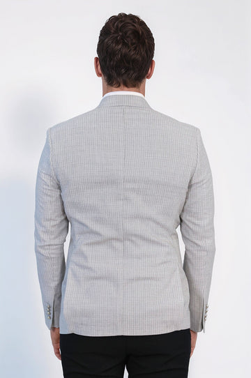 Men’s Light Grey Micro-Check Slim Fit Double-Breasted Peak Lapel Blazer with Silver Buttons