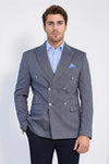Men’s Navy Blue Pinstripe Slim Fit Double-Breasted Peak Lapel Blazer with Silver Buttons