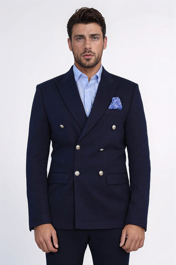 Men’s Midnight Navy Solid Slim Fit Double-Breasted Peak Lapel Blazer with Silver Buttons