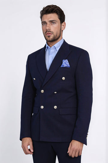 Men’s Midnight Navy Solid Slim Fit Double-Breasted Peak Lapel Blazer with Silver Buttons