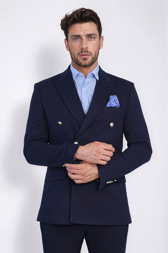 Men’s Midnight Navy Solid Slim Fit Double-Breasted Peak Lapel Blazer with Silver Buttons