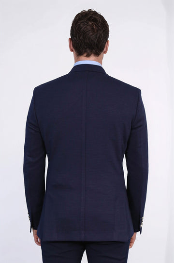 Men’s Midnight Navy Solid Slim Fit Double-Breasted Peak Lapel Blazer with Silver Buttons