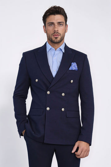 Men’s Midnight Navy Solid Slim Fit Double-Breasted Peak Lapel Blazer with Silver Buttons